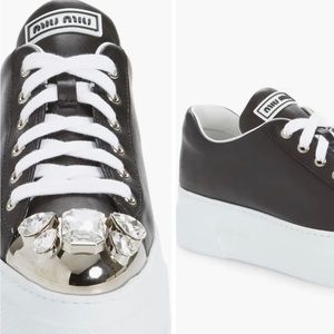 MIU MIU SWAROVSKI CRYSTAL TOE-CAP SNEAKERS IN BLACK